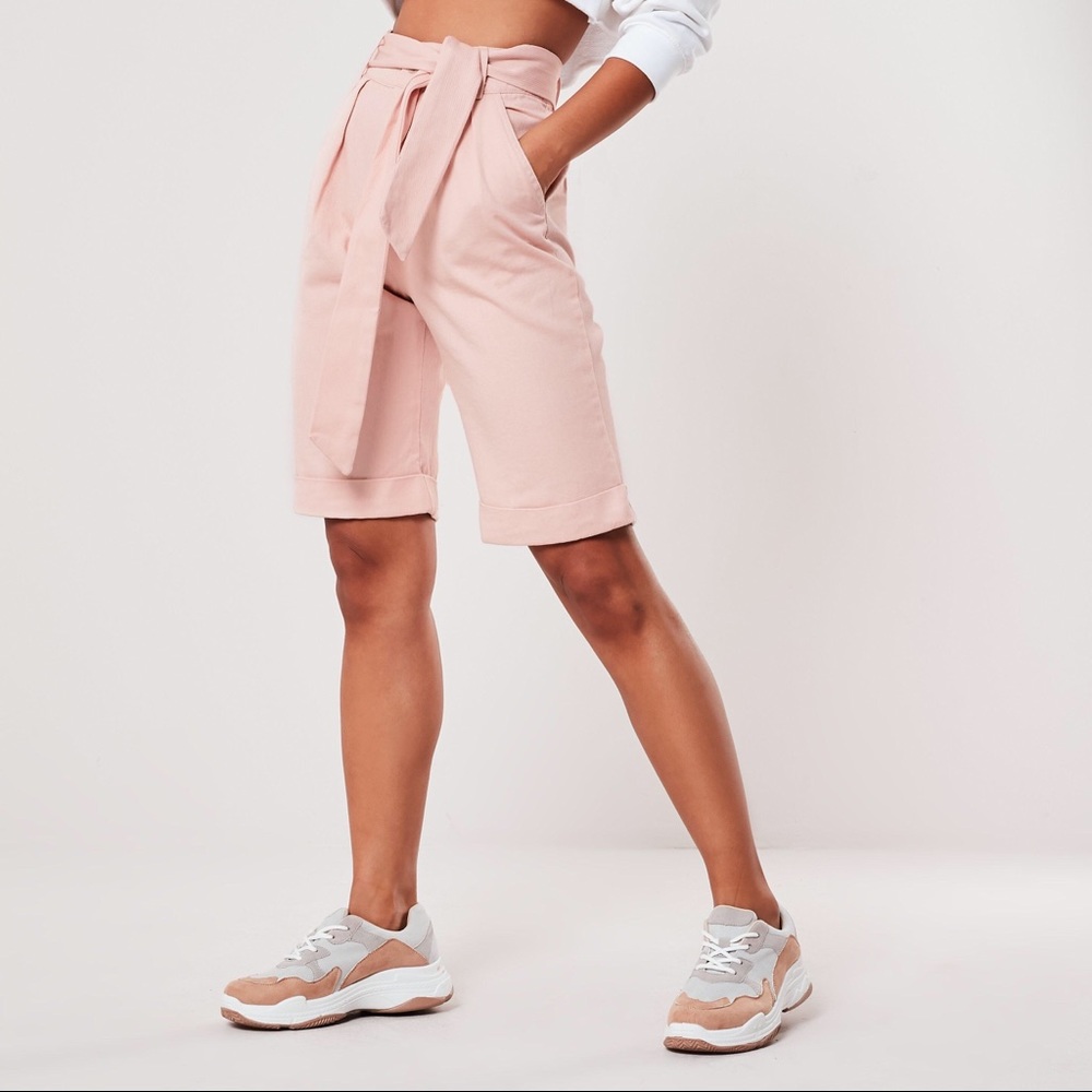 Misguided |  Pink Co Ord Belted Turn Up Shorts